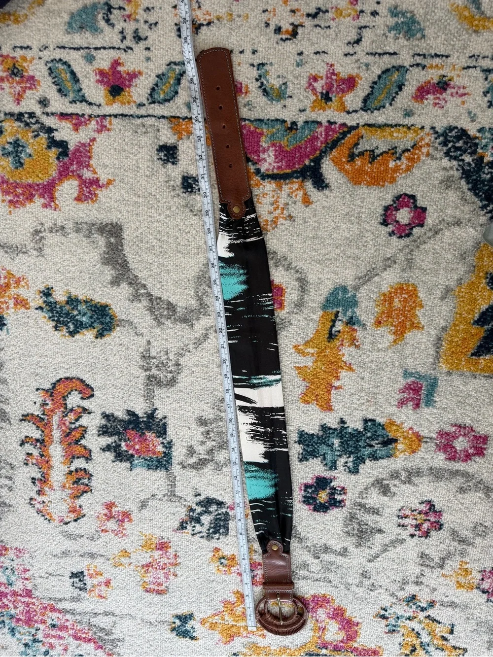 Anthropologie Fluidity Brown Leather and Abstract Fabric Blue Patterned Belt